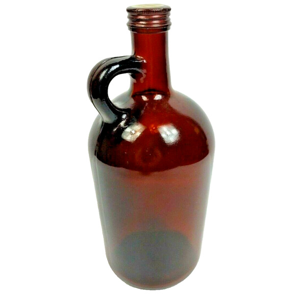 Vintage Quart Amber Glass Jug Finger Loop with Metal Lid Growler Syrup 8.5" - Picture 5 of 7